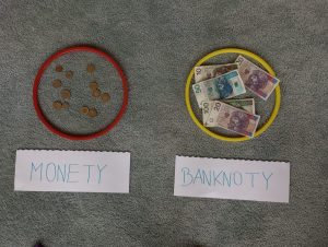 Na dywanie leżą dwa koła. W pierwszym kole w środku leżą monety”. W drugim kole w środku jeżą banknoty. Pod kołami leżą napisy „monety i „banknoty”.