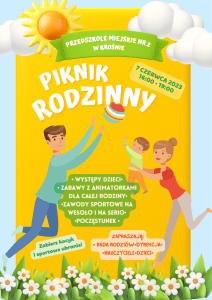 Plakat na piknik rodzinny w przedszkolu. Mama i tata bawią się z dzieckiem piłką.