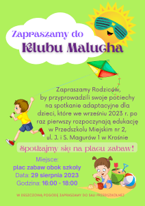 Plakat "Klub Malucha" z datą i godziną spotkania.