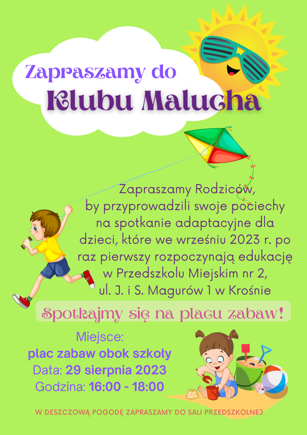 Plakat "Klub Malucha" z datą i godziną spotkania.