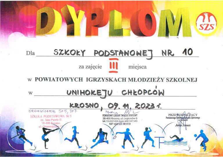Na zdjęciu znajduje się dyplom za zajęcie trzeciego miejsca w Powiatowych Igrzyskach Młodzieży Szkolnej - unihokej chłopców.
