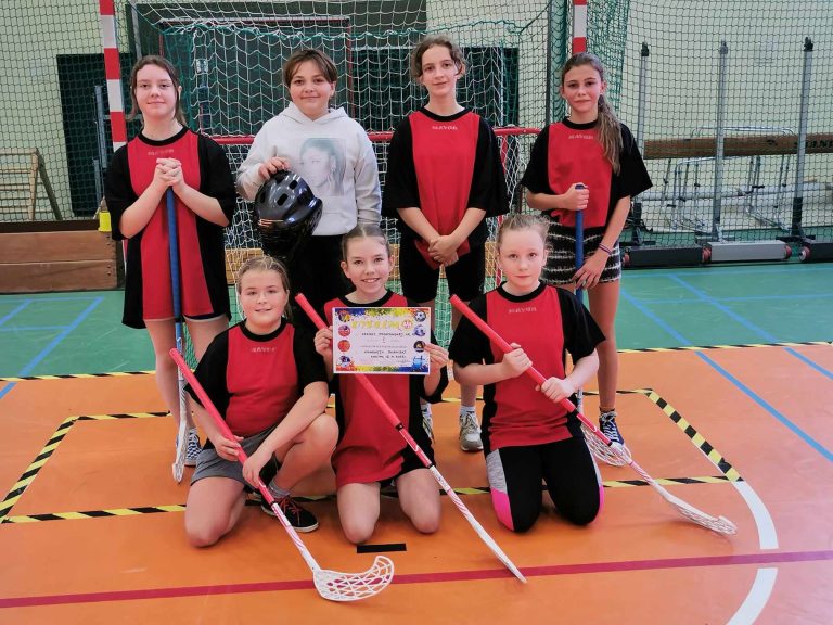 Na zdjęciu grupa siedmiu dziewcząt reprezentująca naszą szkołę w zawodach sportowych w unihokeju.